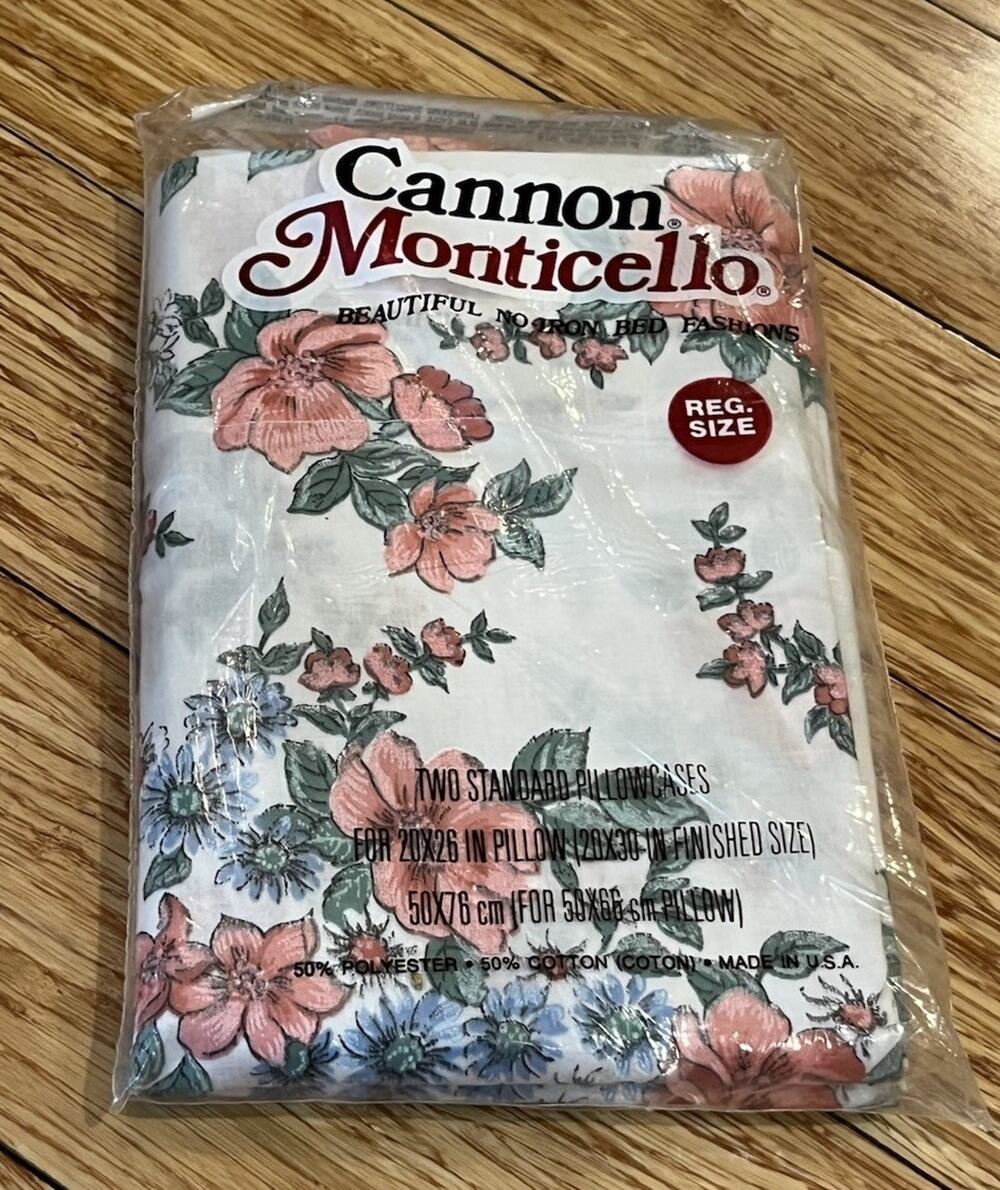 Vintage Cannon Monticello 2 Pink Blue Floral Pillowcases Pair NEW In Package NOS